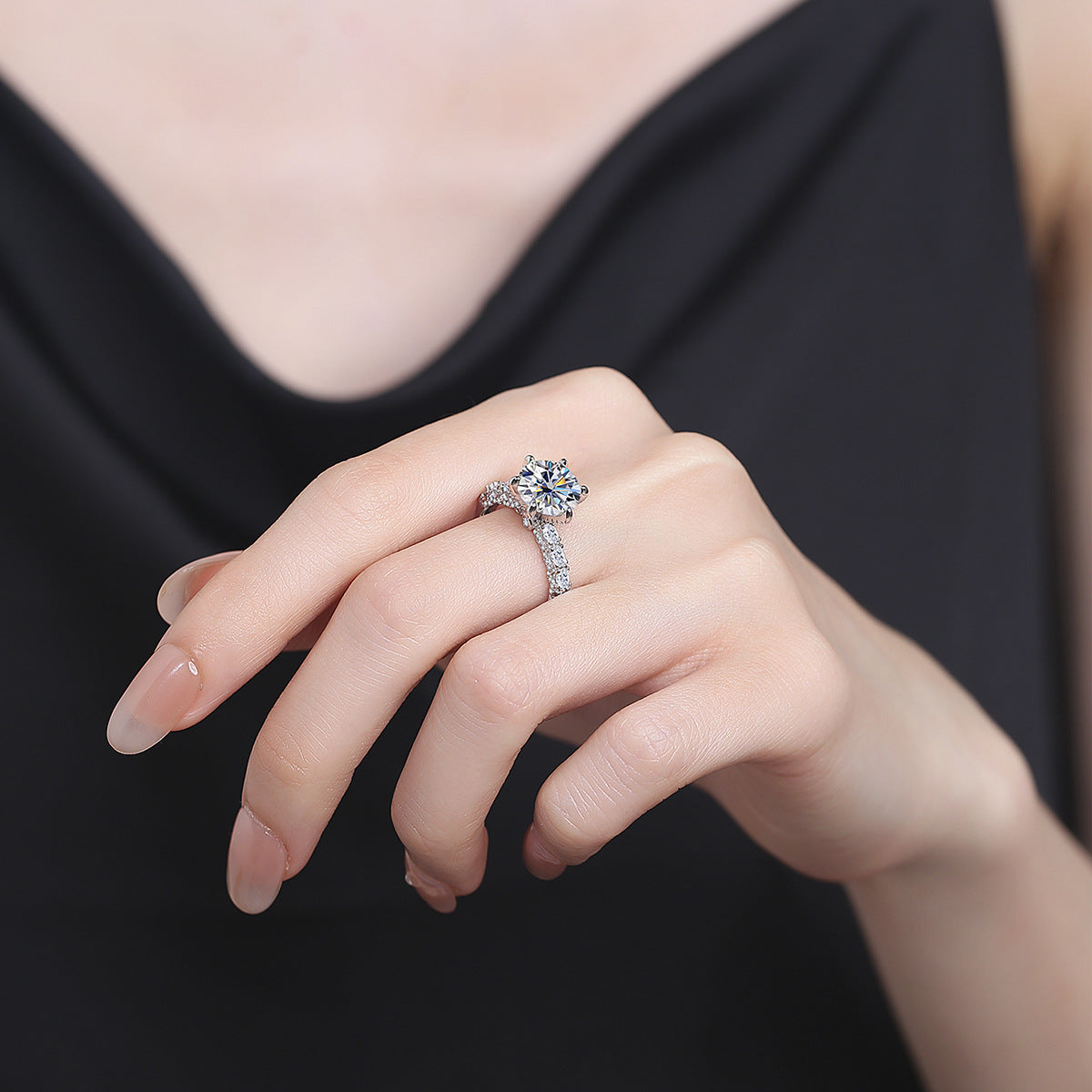 Belamol® Moissanite 2.0 Carat Round Cut Cathedral Pavé Engagement Ring